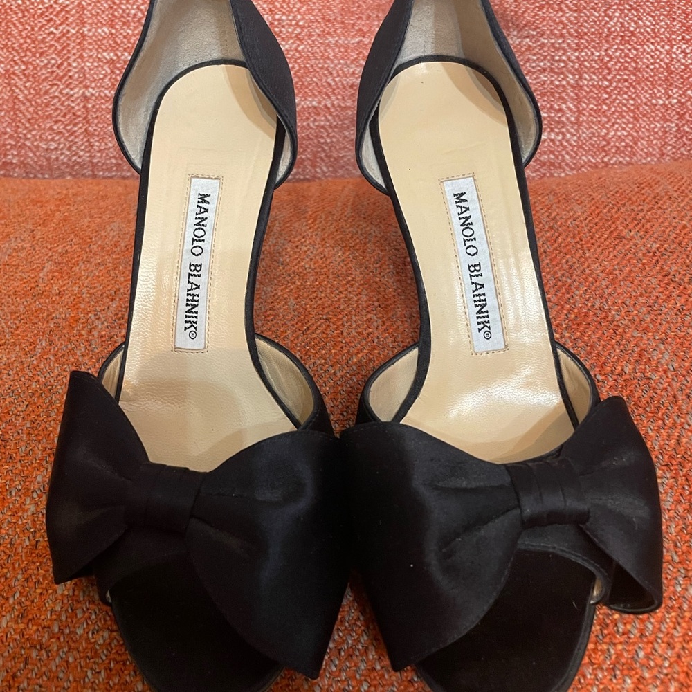 Manolo Blahnik Satin D’Orsay Kitten Heels with Bow Tie